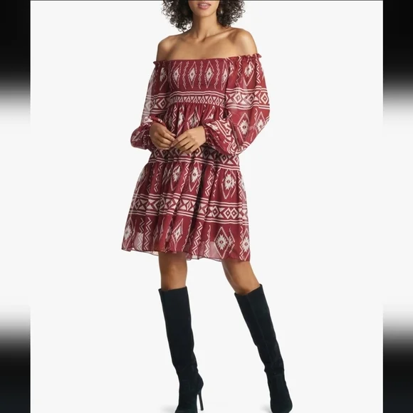 Sachin & Babi, Lola Short Printed Empire Dress, Aztec Borders Crimson - Size XS‎